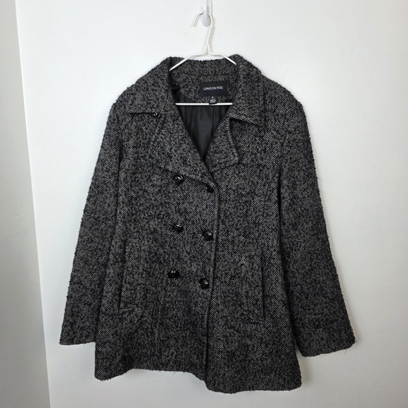 London Fog Grey Black Knit Wool Blend Double Breasted Dressy Coat Size XL - Picture 1 of 7